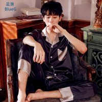 蓝旗 2021年新款夏季男士睡衣两件套短袖薄款冰丝家居服套装