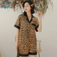 蓝旗 短袖豹纹睡衣女2021年新款家居服冰丝夏季两件套装