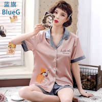 蓝旗 2021年新款睡衣女夏季冰丝薄款网红宽松短袖短裤ins风家居服套装