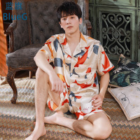 蓝旗 睡衣男士夏季冰丝薄款短袖短裤2021年新款宽松大码家居服套装