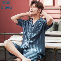 蓝旗 2021年夏季睡衣男式薄款条纹短袖男士家居服大码宽松冰丝短裤套装