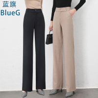 蓝旗 春季新款女士高腰直筒裤人字纹挺阔垂顺梭织微弹休闲阔腿裤