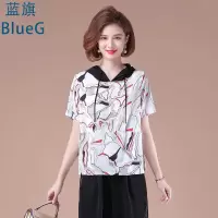 蓝旗夏季妈妈装女士连帽短袖T恤花色宽松休闲洋气上衣