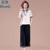 蓝旗夏季妈妈装短袖雪纺上衣洋气阔腿裤两件套装