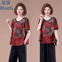 蓝旗夏季2021新款妈妈装圆领宽松舒适小衫