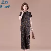 蓝旗夏季新款妈妈装洋气旗袍领小衫套装中老年女装两件套