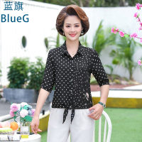 蓝旗 夏季新款妈妈装韩版中袖小圆点印花衬衫时尚中年蝴蝶结系带显瘦气质