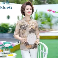 蓝旗 夏季新款妈妈装短袖雪纺衫时尚印花洋气中年气质减龄小衫