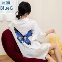 蓝旗 2021春夏新款女士睡裙蓝色蝴蝶印花韩版冰丝薄款白色衬衫裙宽松慵懒风中长款家居服