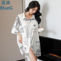 蓝旗 2021春夏新款女士睡裙薄款冰丝时尚高端宽松中长款字母印花衬衫睡裙可外穿