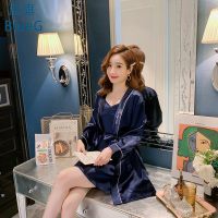 蓝旗 春夏新款女士睡裙冰丝薄款简约纯色舒适吊带睡裙睡袍两件套家居服