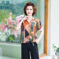 蓝旗 夏季新款女士短袖翻领印花小衫宽松遮肚中老年妈妈装