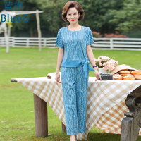 蓝旗 夏季中老年妈妈套装女士短袖上衣阔腿裤洋气减龄两件套