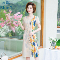 蓝旗 夏季新款妈妈连衣裙气质圆领短袖收腰显瘦裙子