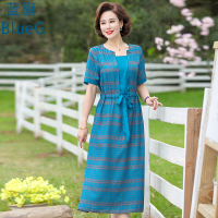 蓝旗 夏季新款妈妈装短袖连衣裙女士过膝气质裙子