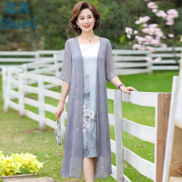 蓝旗 夏季妈妈装连衣裙女士两件套过膝雪纺裙子遮肚显瘦