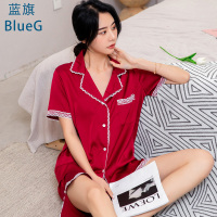 蓝旗 夏季新款女士睡衣薄款缎面短袖短裤套装蕾丝花边本命年红色家居服两件套