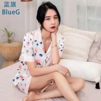 蓝旗 夏季新款女士睡衣薄款缎面甜美可外穿网红ins风短袖短裤家居服套装