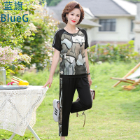 蓝旗 妈妈夏装短袖上衣九分裤女士时尚洋气运动套装