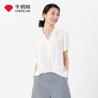 千仞岗2021春季新款女士V领白色短袖衬衣宽松气质显瘦
