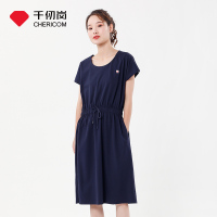 千仞岗春季新款女士连衣裙圆领短袖抽绳收腰修身显瘦