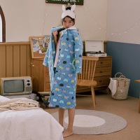 芬腾千线艺三层加厚珊瑚绒夹棉睡裙女卡通休闲连体开衫睡袍家居服