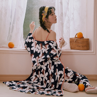 芬腾千线艺纯棉睡衣女春秋甜美吊带背心女加长睡袍家居服三件套装