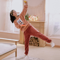 芬腾千线艺秋冬珊瑚绒女士睡衣可爱卡通套头法兰绒加厚家居服套装