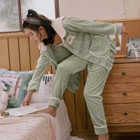 芬腾千线艺珊瑚绒睡衣女秋冬季法兰绒加绒加厚保暖冬天家居服套装