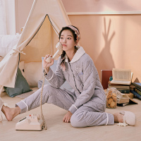 芬腾千线艺睡衣女冬季简约薄款全棉梭织夹棉可外穿棉袄家居服套装