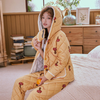 芬腾千线艺冬睡衣女士珊瑚绒加厚开衫棉袄夹棉夹层冬款家居服套装