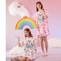 芬腾睡裙女夏薄款纯棉卡通布朗熊宽松中裙家居服睡衣女短袖连衣裙