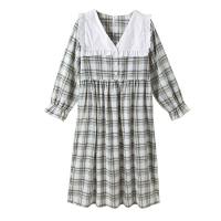 芬腾睡裙女春秋新品梭织纯棉长袖韩版格子宽松长款长裙家居服睡衣
