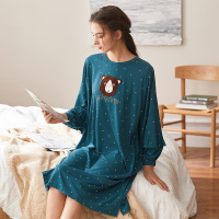芬腾纯棉长袖睡裙女春秋全棉中长连衣裙女睡衣宽松卡通韩版家居服