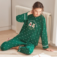 芬腾睡衣女春秋季长袖布朗熊圆领套头家居服纯棉女士宽松大码套装