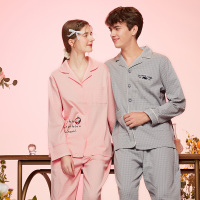 芬腾情侣睡衣女秋冬款纯棉长袖开衫翻领韩版男士春全棉家居服两件套装
