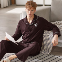 芬腾春秋长袖睡衣男纯棉开衫翻领男士青年家居服全棉大码休闲套装