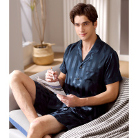 芬腾睡衣男夏季薄款冰丝短袖翻领开衫家居服男士大码夏天仿真丝绸套装