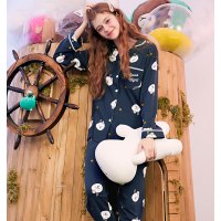 芬腾睡衣女长袖春秋季可爱韩版布朗熊针织纯棉开衫翻领家居服套装