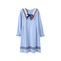 芬腾睡裙女春季新款长袖布朗熊睡裙女纯棉韩版宽松大码海军风家居服长裙