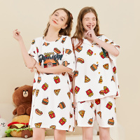 芬腾睡衣女夏短袖可爱夏天薄款布朗熊闺蜜装纯棉圆领可外穿睡裙女