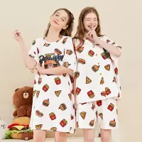 芬腾睡衣女夏短袖可爱夏天薄款布朗熊闺蜜装纯棉圆领可外穿睡裙女