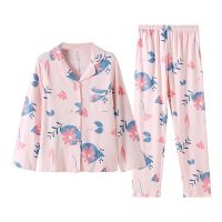 芬腾长袖睡衣女春纯棉女士开衫大码家居服春秋薄款可外穿长裤套装