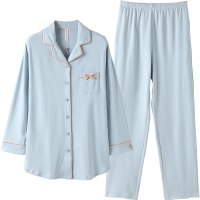 芬腾春秋款纯棉睡衣女开衫韩版宽松中长款家居服长袖长裤套装秋季