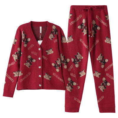 芬腾秋冬季新款睡衣女士半边绒卡通时尚大红保暖珊瑚绒家居服套装