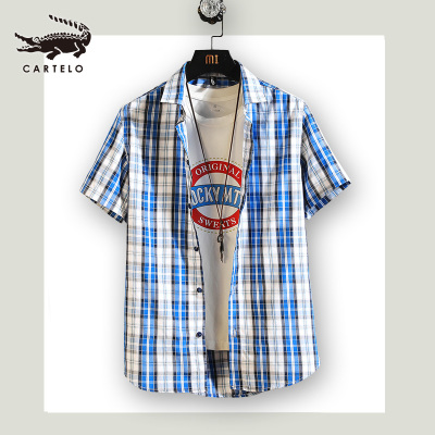 卡帝乐鳄鱼(CARTELO) 春夏季男士短袖宽松格子衬衫韩版帅气潮流