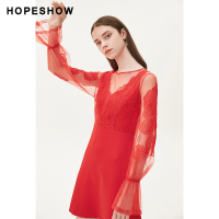 hopeshow红色连衣裙女 红袖秋季2019新款收腰显瘦蕾丝裙背心裙