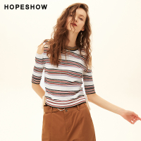 针织女 红袖2019秋装新款时尚修身露肩上衣条纹薄款镂空毛衣