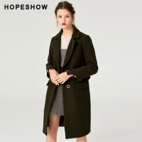 hopeshow大衣红袖新款女装修身纯色含羊毛中长毛呢外套女