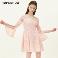 hopeshow连衣裙 红袖秋季2019新款吊带一字肩喇叭袖蕾丝连衣裙